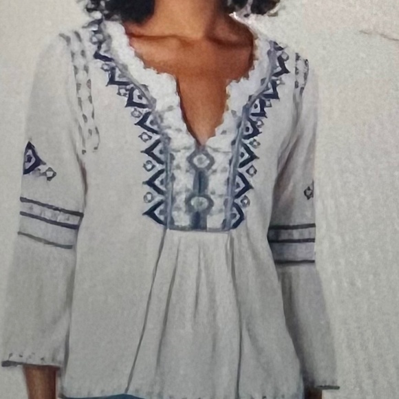 Johnny‎ Was Workshop Simone Embroidered White Blue Flare Sleeve Blouse - Picture 1 of 4